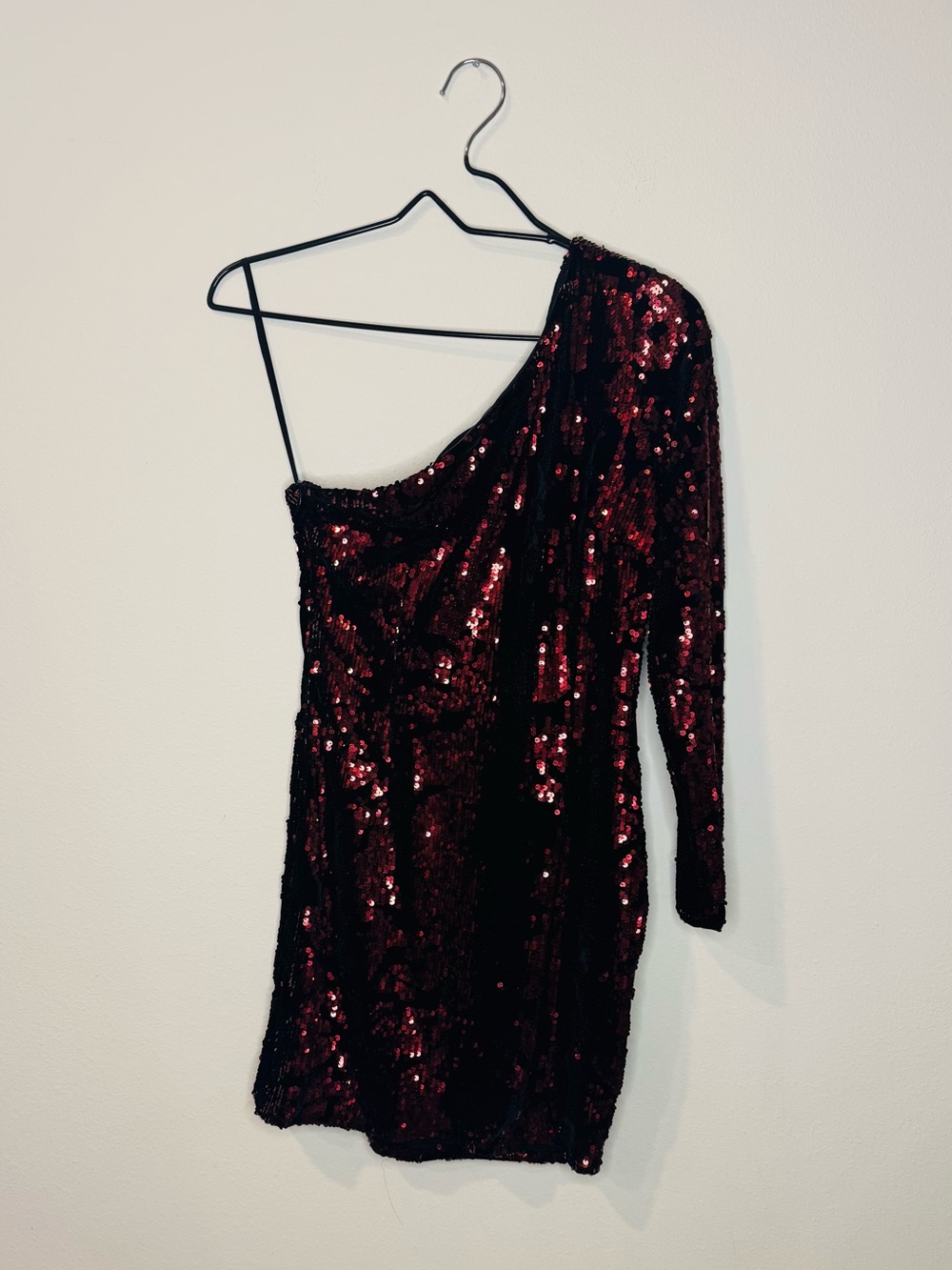 Fashion Nova Burgundy Sequin One Shoulder Mini Dress - Size S